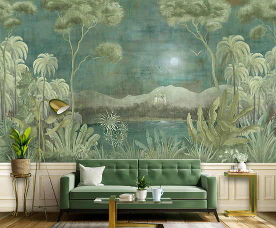 Living room wall mural with moonlit tropical scene and lush greenery.