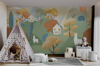 Children’s wallpaper with llamas, rolling hills, and cozy houses under a pastel sky.