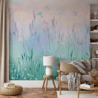 Serene meadow with pink blooms and flying hummingbirds.