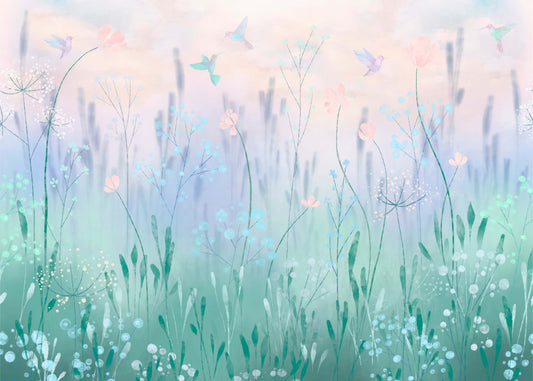 Pastel Floral with Hummingbirds Wallpaper Mural