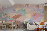 A dreamy landscape of abstract hills and playful animals in muted pastel tones.