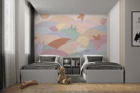 Colorful abstract hills in pastel tones with flying birds and animals.