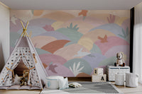 Abstract hilly landscape with rabbits, birds, and organic shapes in pastel hues.