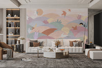 Abstract pastel-colored hills with plants, birds, and rabbits in a playful scene.