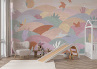 Pastel abstract landscape with rolling hills, birds, and rabbits.