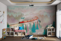 Magical red train on an arched viaduct in the mountains, flying car overhead.