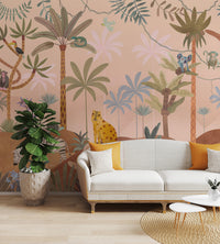 Wallpaper featuring a whimsical forest scene with elephants and reptiles among tropical plants.