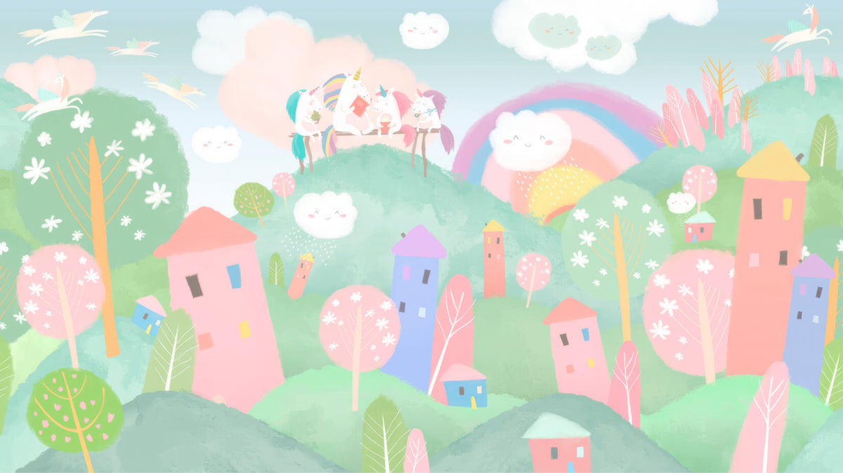 Pastel Fantasy Unicorns Village Wallpaper Mural in your room — zoomed