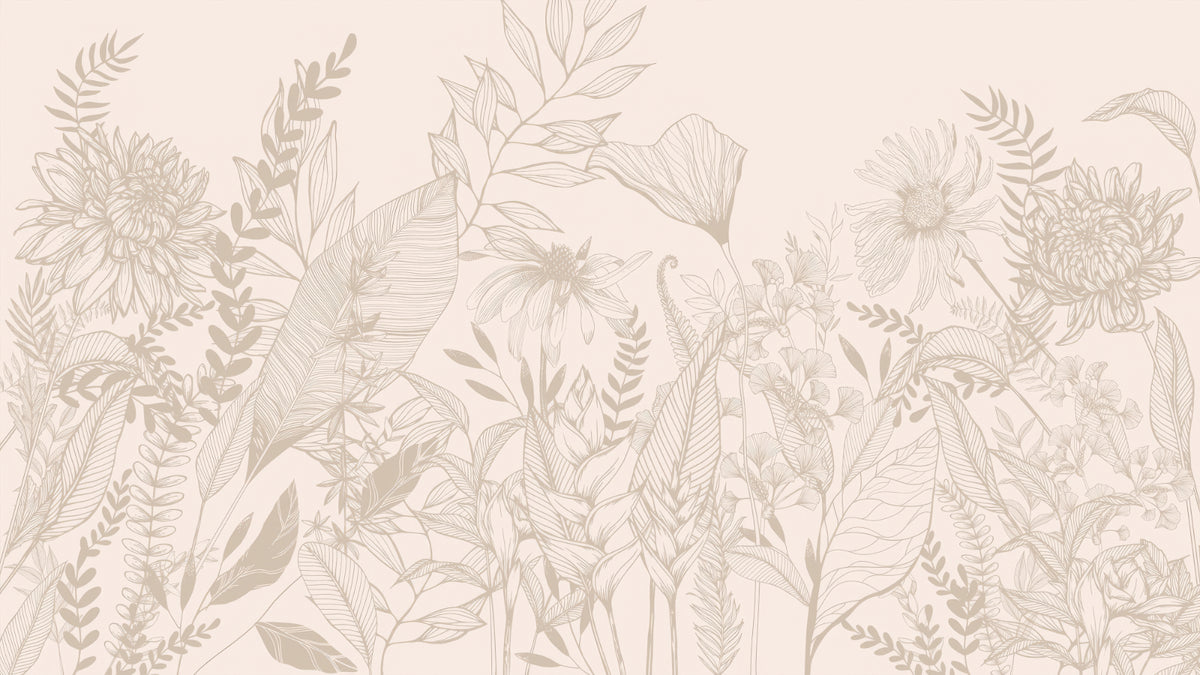 Beige Botanical Floral Line Art Wallpaper in your room — zoomed