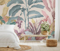 Pastel botanical mural featuring exotic plants and flowers.