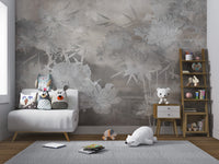 Intricate line art floral patterns on a muted gray background.