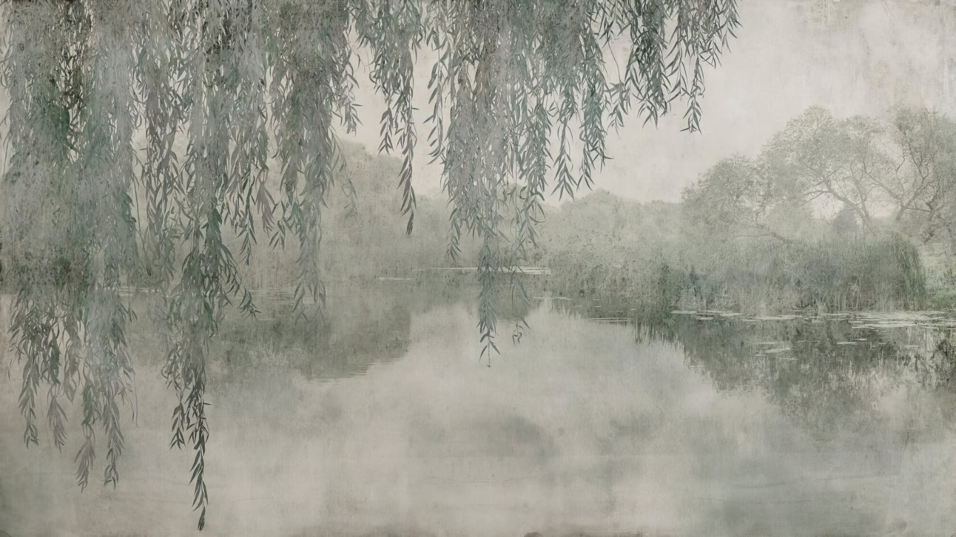 Willow Branches Over Misty Lake Wallpaper