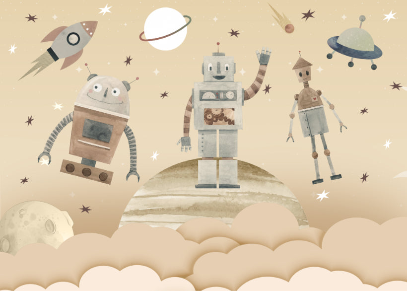 Retro Robots Space Adventure Wallpaper Mural in your room