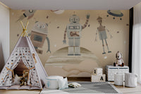 Cosmic scene with playful robots floating near Saturn-like rings and a rocket.