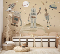 Retro-styled robots waving and floating over a dreamy cosmic scene with clouds and planets.
