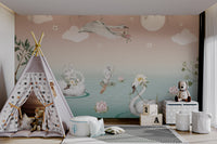 Swan gliding on water with floral decorations and bunnies.