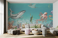 Ocean mural showcasing diverse sea creatures in clear blue water.