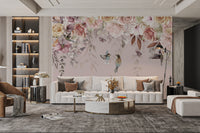 Romantic floral mural with muted tones of pink, beige, and cream roses.