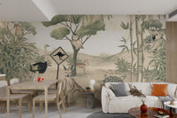 Lush green scenery with illustrated Australian wildlife such as kangaroos, owls, and a dingo.