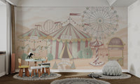 Circus mural with a striped tent, carousel horses, Ferris wheel, and ticket booth for a playful theme.