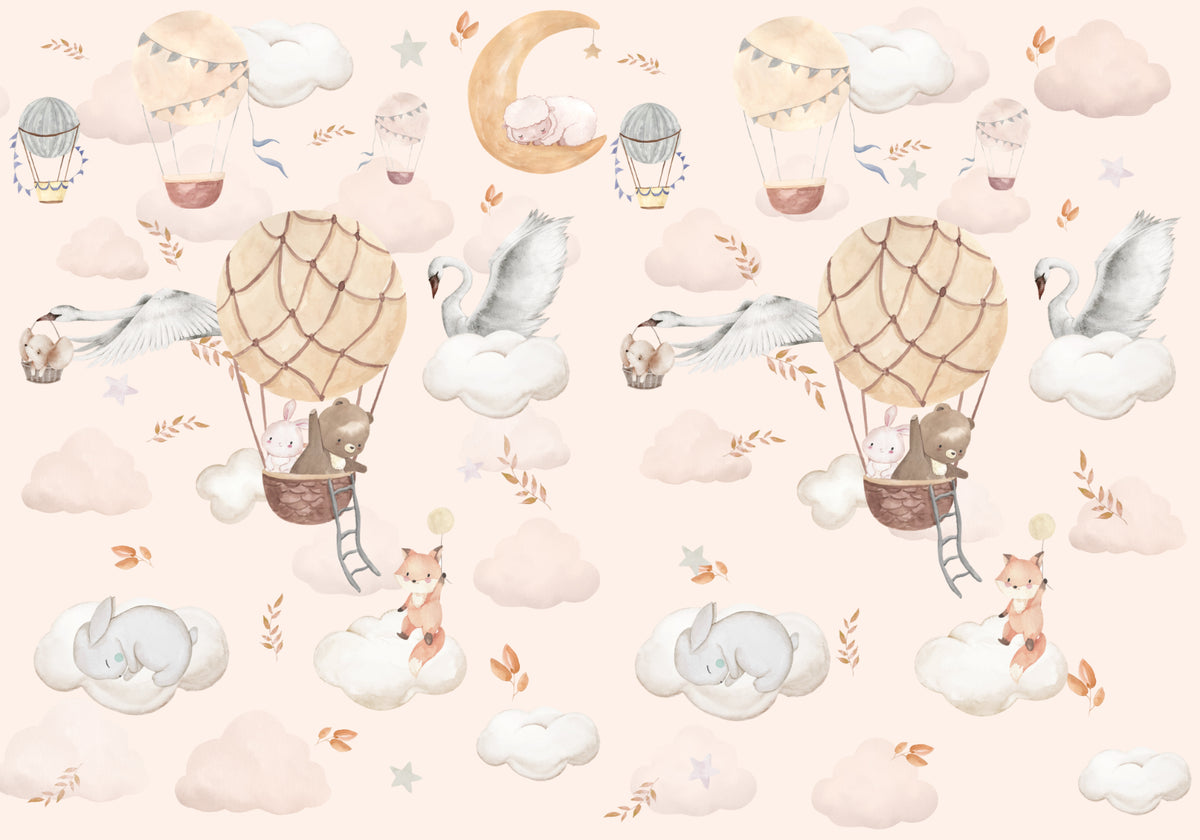 Dreamy Balloon Adventure Kids Wallpaper in your room — zoomed