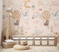 Whimsical mural with animals in hot air balloons flying among clouds.