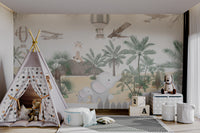 Cute jungle animals mural featuring elephants, giraffes, and flying airplanes.