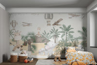 Playful giraffes and elephants with tropical plants and flying planes.