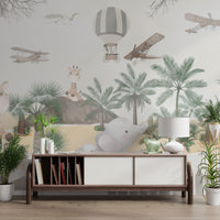 Vintage airplanes fly above elephants and palm trees in a jungle setting.