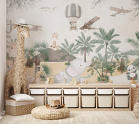 Whimsical safari animals with hot air balloons and airplanes in the jungle.