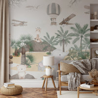 Panda and baby animals surrounded by tropical plants and airplanes.