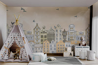 Soft-toned mural depicting European architecture with birds soaring under pastel skies.
