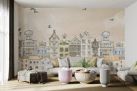 Vintage European houses mural in neutral colors with birds and a cloudy sky.