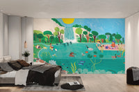 Kids relaxing by a lake with fish, plants, and animals in the water.