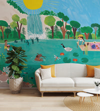 A playful lakeside scene with children, wildlife, and blooming flowers.