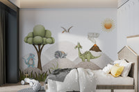 Dino wallpaper with playful brontosaurus, pterosaur, and triceratops on grassy hills.