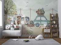 Vintage travel scene with campervan, green car, and relaxing countryside vibe.