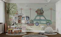 Watercolor camper mural featuring car, luggage, trees, and nature elements.