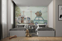 Charming camping mural with caravan, squirrel, and stacked luggage on a car.