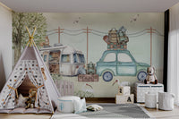 Scenic travel wallpaper mural with camper, green car, and wooden fence.