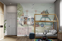 Travel-inspired mural with loaded car, campervan, and countryside setting.