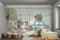 Holiday road trip mural with camper van, nature, and whimsical elements.