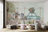 Watercolor campervan mural with green car, luggage, and scenic travel setting.