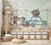 Countryside travel mural featuring campervan, loaded car, and white birds.