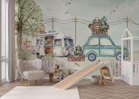 Adventure travel mural with camper van, scenic fence, and nature elements.