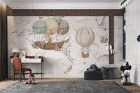 Cute animals aboard balloons and ships in a dreamy cloud-filled sky.