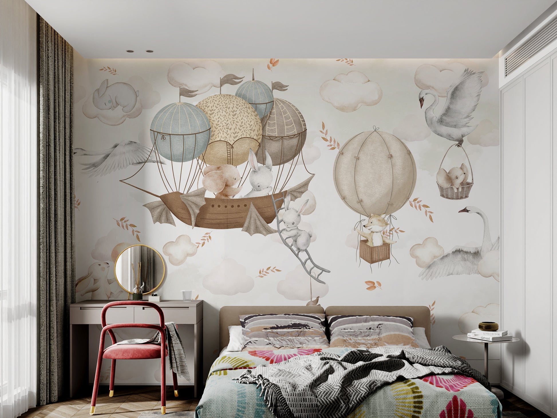 Playful rabbits and foxes on hot air balloons floating in pastel clouds.