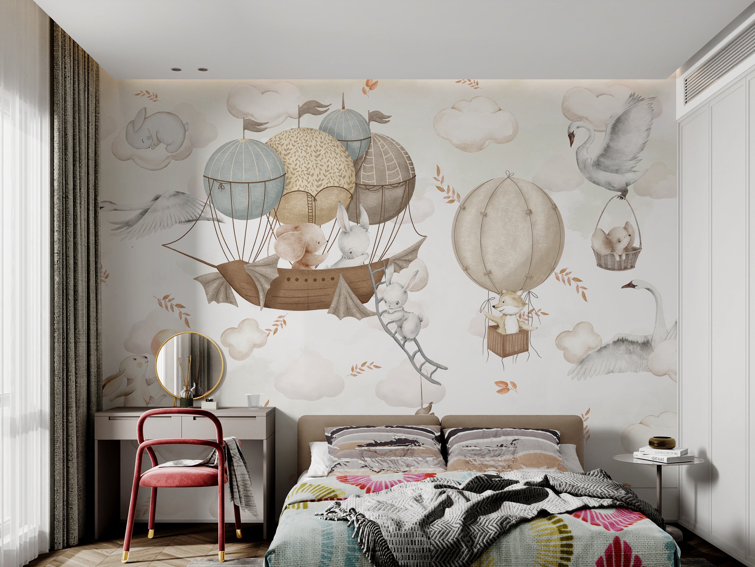 Playful rabbits and foxes on hot air balloons floating in pastel clouds.