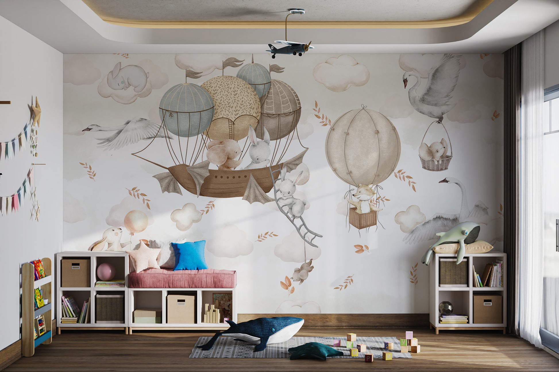 Animals in hot air balloons drifting among fluffy clouds and falling leaves.