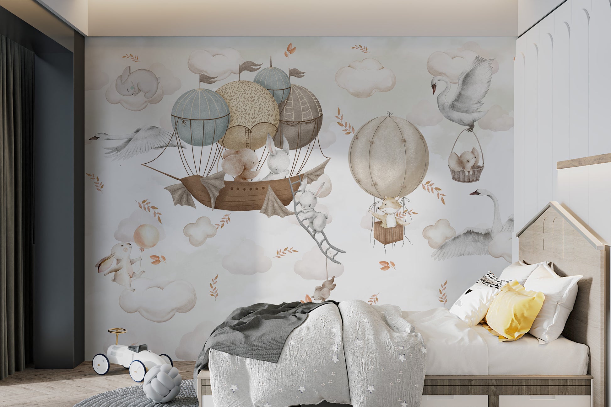 Pastel-colored balloons with animals exploring a whimsical sky landscape.